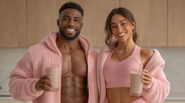 A couple smiles warmly while holding tall glasses of brown smoothies in their stylish kitchen. They wear matching pink outfits, radiating a vibe of health, love, and fitness