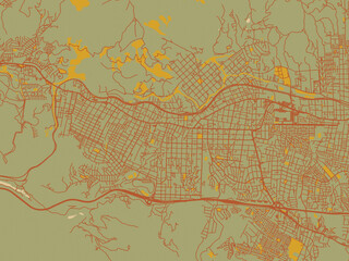 Minimalist flat city map of Quilpue, Chile with earthy sage background with rust roadways and ochre details.
