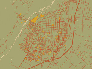 Poster-ready flat map of Quillota, Chile, earthy sage background with rust roadways and ochre details.