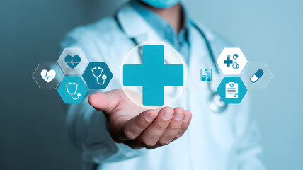 Doctor showcases modern healthcare icons and technology with a prominent plus sign symbolizing health and wellness