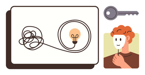 Tangled line ending in lightbulb for idea clarity, person holding mask for honesty, key symbolizes solution. Ideal for creativity, self-discovery, authenticity, transparency, problem-solving