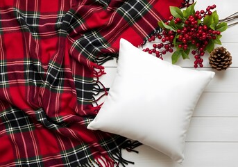 Cozy christmas flat lay with tartan blanket white pillow and festive decorations mock-up for design mockup