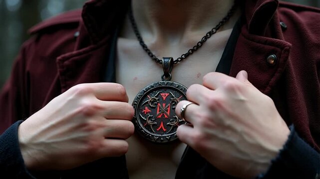 Mysterious ancient amulet gleams on vampire's chest, evoking dark allure and supernatural power in stunning 4k video.