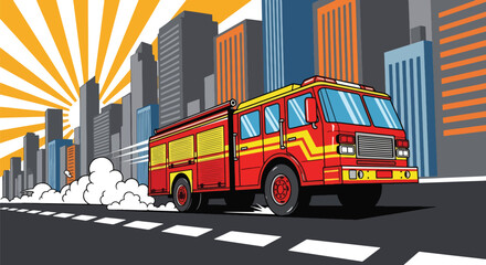 Flat vector of red fire truck speeding through city with sirens on, quick emergency response concept in vivid flat design