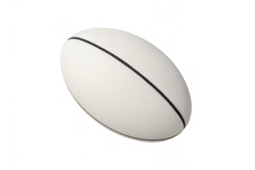 White rugby ball with black stripes, showing the oval shape and textured surface. Ready for a game or sports competition