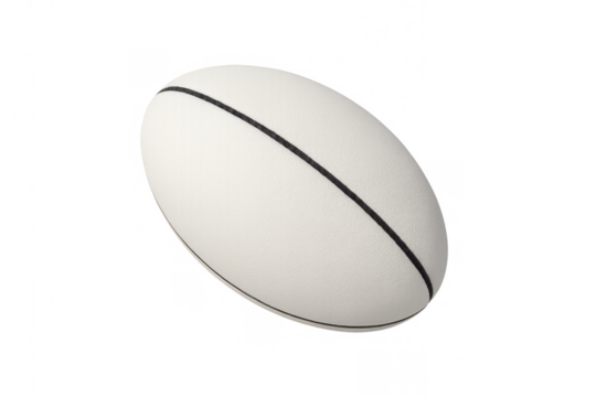 White rugby ball with black stripes, showing the oval shape and textured surface. Ready for a game or sports competition