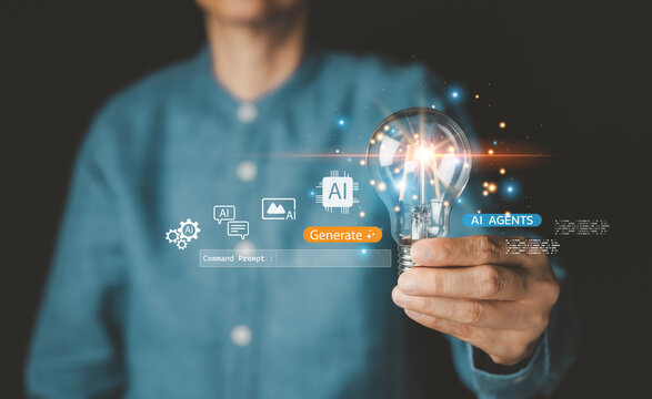 Man hold a glowing lightbulb, an idea from generative AI. Using a command prompt to create content. Concept represents creativity, business innovation, and solution powered by artificial intelligence.