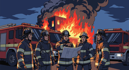 Flat vector of firefighter team briefing together before mission beside fire trucks, teamwork and readiness concept