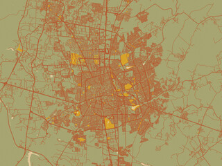 Stylized minimalist map of Aguascalientes, Mexico in sage green ground with rust-red roads and ochre accents.