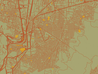 Flat painterly map of Buenavista, Mexico in muted sage base, rust-colored roads, and soft ochre highlights.