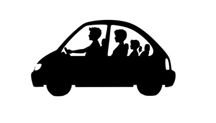 Family silhouette traveling in a car on a white background  