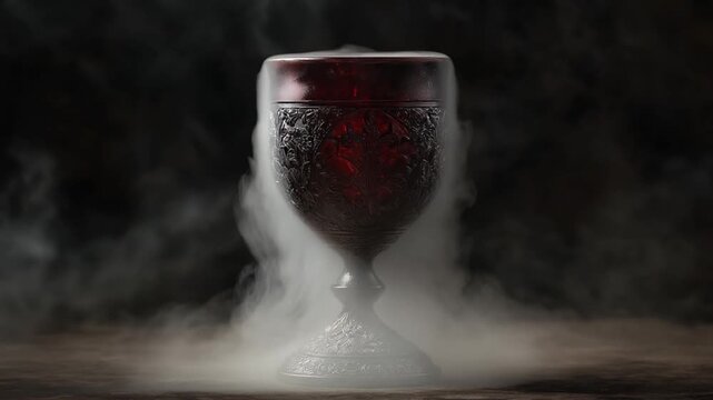 Ornate chalice with red liquid surrounded by mist and smoke  