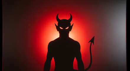 Silhouette of a demon with glowing eyes and horns against a red backdrop