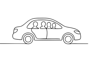 Continuous line drawing of people inside a car in minimal style  