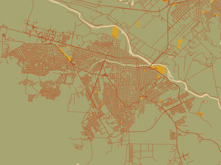 Graphic flat color map of Ciudad Acuna, Mexico in earthy sage background with rust roadways and ochre details.