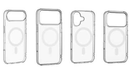 Set Flexible transparent case for smartphone model 17. Air. Pro, Pro Max, with magnetic ring for wireless charging. Minimalist accessory isolated on clean white background.