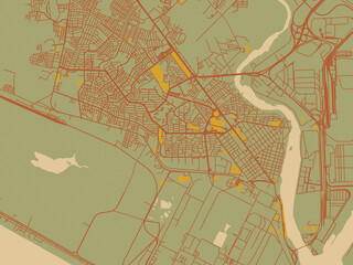 Abstract flat-design map of Ciudad Lazaro Cardenas, Mexico, featuring sage/olive tone field with rust networks and ochre shapes, cream water.