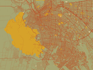 Graphic flat color map of Ciudad Juarez, Mexico in olive backdrop with warm rust street network and ochre blocks.