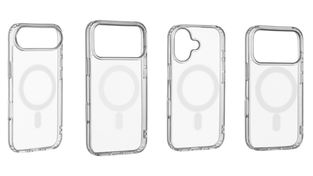 Set Flexible transparent case for smartphone model 17. Air. Pro, Pro Max, with magnetic ring for wireless charging. Minimalist accessory isolated on clean white background.