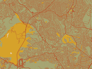 Contemporary flat map of Ciudad Lopez Mateos, Mexico design with earthy sage background with rust roadways and ochre details.