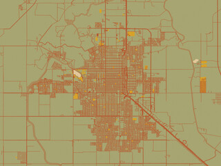 Vector-style flat map of Ciudad Obregon, Mexico with sage/olive tone field with rust networks and ochre shapes, cream water.