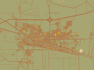 Stylized minimalist map of Ciudad Rio Bravo, Mexico in sage green ground with rust-red roads and ochre accents.