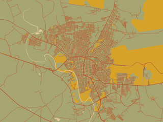 Vector-style flat map of Ciudad Valles, Mexico with muted sage base, rust-colored roads, and soft ochre highlights.