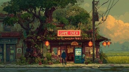 Nostalgic pixel art scene of a game over shop illuminated by lanterns in late afternoon golden light
