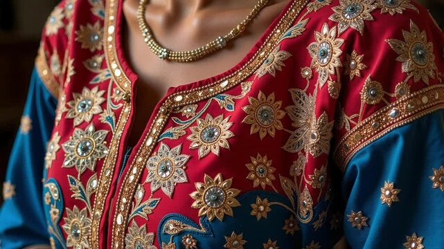 Intricate patterns on a vibrant chaniya choli in stunning detail, perfect for fashion editorials and cultural projects, showcasing Indian artistry.