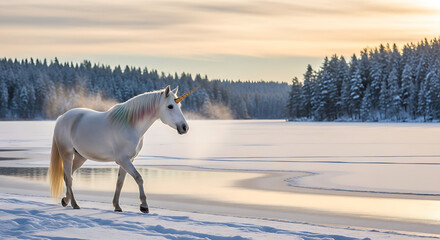 Majestic white unicorn with rainbow mane walks on snowy shore of frozen lake with pine forest background at sunset