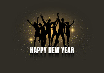 Minimal Happy New Year background with silhouettes of people dancing 