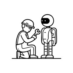 An engineer kneels to repair a humanoid robot, representing robotics maintenance, AI development, and human collaboration with machines.