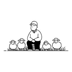Farmer sitting among sheep in peaceful countryside, symbolizing rural life, farming, and harmony with nature.