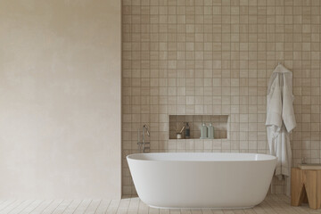 Minimalist bathroom design with bathtub , niche and bath accessories , empty wall mock up , 3d rendering