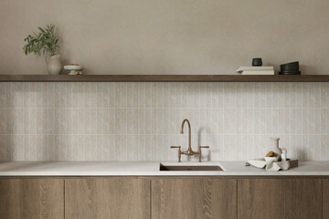 Modern japandi style kitchen close up design with sink , shelf and decor , background tiles , 3d rendering © ANA