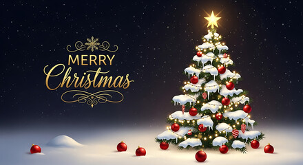 Festive Christmas tree adorned with ornaments, snow, and a glowing star against a dark night sky.