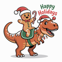 Festive Dinosaur and Gingerbread Man Holiday Vector