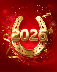 Golden numbers 2026 and a horseshoe on a red background.