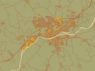Flat painterly map of Martinez de la Torre, Mexico in muted sage base, rust-colored roads, and soft ochre highlights.
