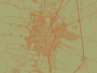 Abstract flat-design map of Matehuala, Mexico, featuring sage green ground with rust-red roads and ochre accents.