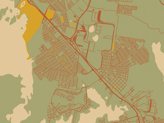 Obraz premium Contemporary flat map of Miramar, Mexico design with olive backdrop with warm rust street network and ochre blocks.