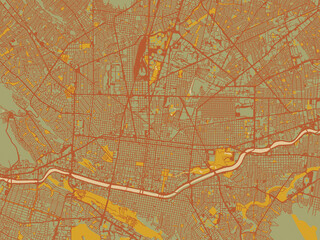 Flat painterly map of Monterrey Center, Mexico in olive backdrop with warm rust street network and ochre blocks.