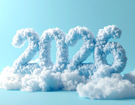 Fluffy Cloud 2026 Typography in Soft Blue Sky - Fluffy 3D cloud numbers forming 2026 in a soft baby blue sky with ethereal lighting and dreamy glow. Peaceful, hopeful New Year concept