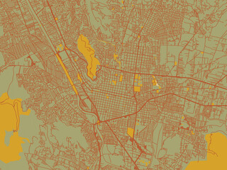 Graphic flat color map of Oaxaca, Mexico in muted sage base, rust-colored roads, and soft ochre highlights.