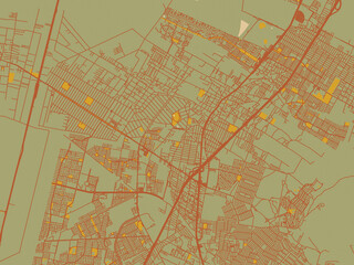 Obraz premium Graphic flat color map of Ojo de Agua, Mexico in earthy sage background with rust roadways and ochre details.