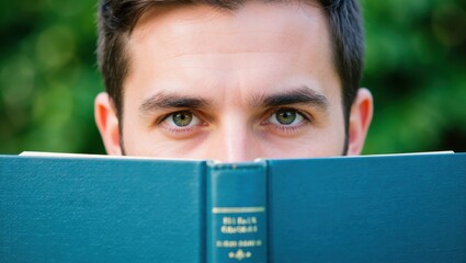 Young man peeking over a book with an intense gaze, set against a blurred green background
