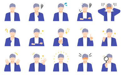 オフィスカジュアルな服装のビジネスマンの表情イラストセット。フラットデザイン。