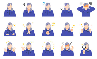 オフィスで働く若い女性の表情イラストセット。フラットデザイン。