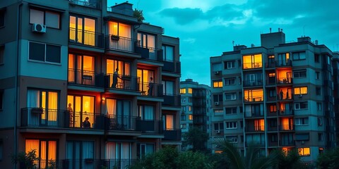 Apartment buildings with illuminated windows showing neighborly interaction, building, togetherness