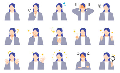 ロングヘアのオフィスカジュアルな服装の女性。表情イラストセット。